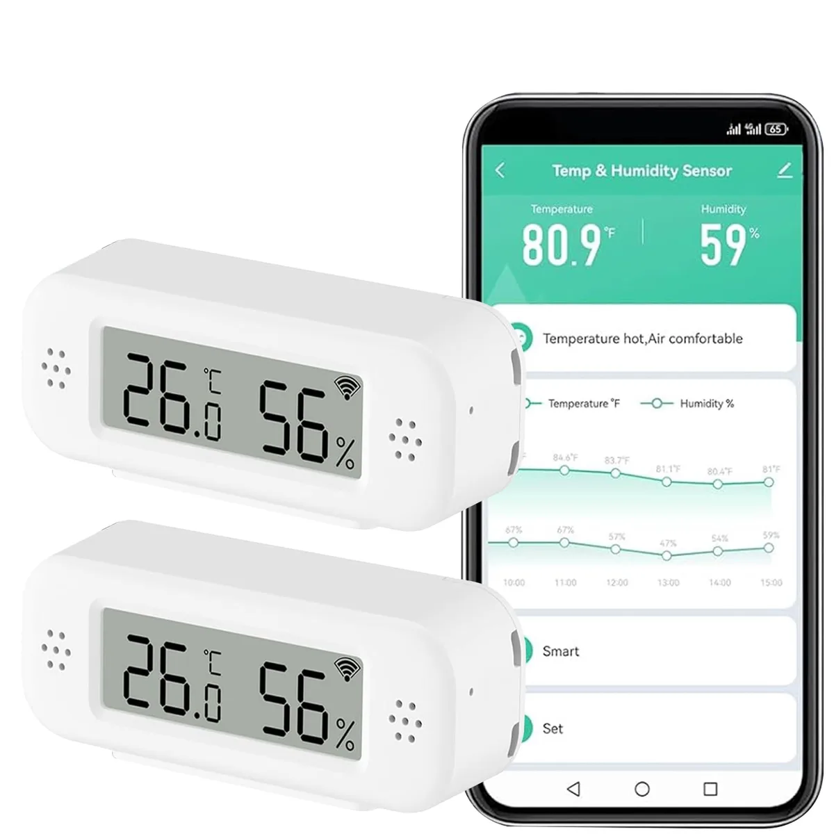 Two small black rectangular hygrometers with LED screens
