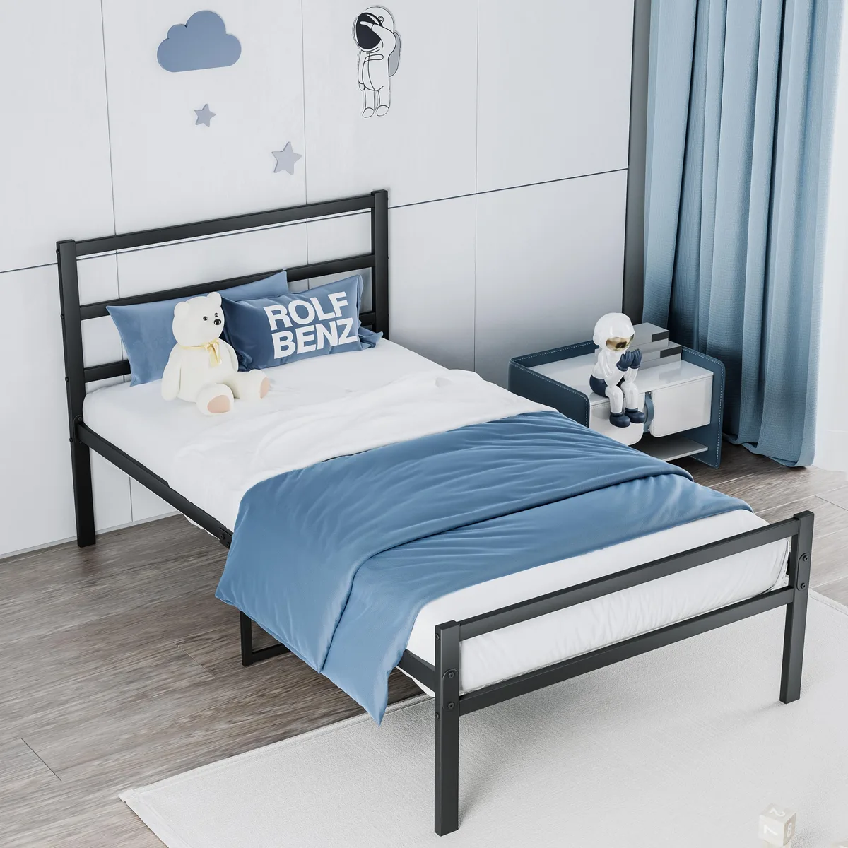 Black metal twin bed frame with wave-shaped wooden headboard