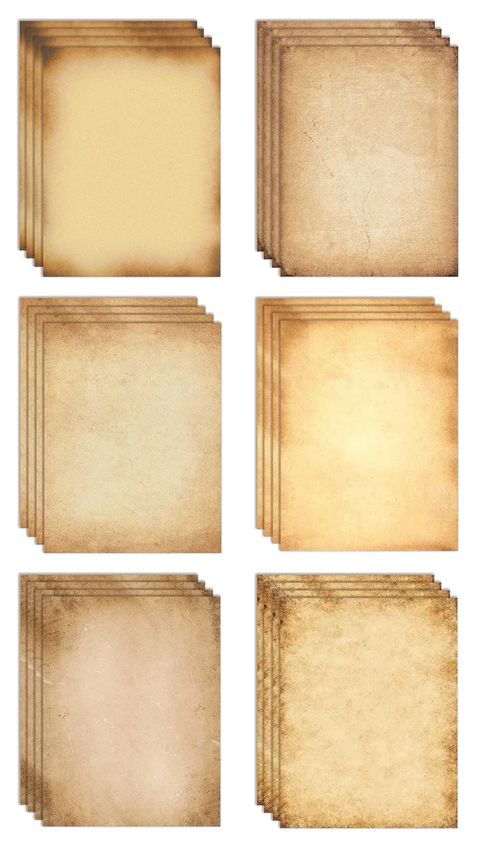Stack of 100 letter-size parchment sheets in six aged designs