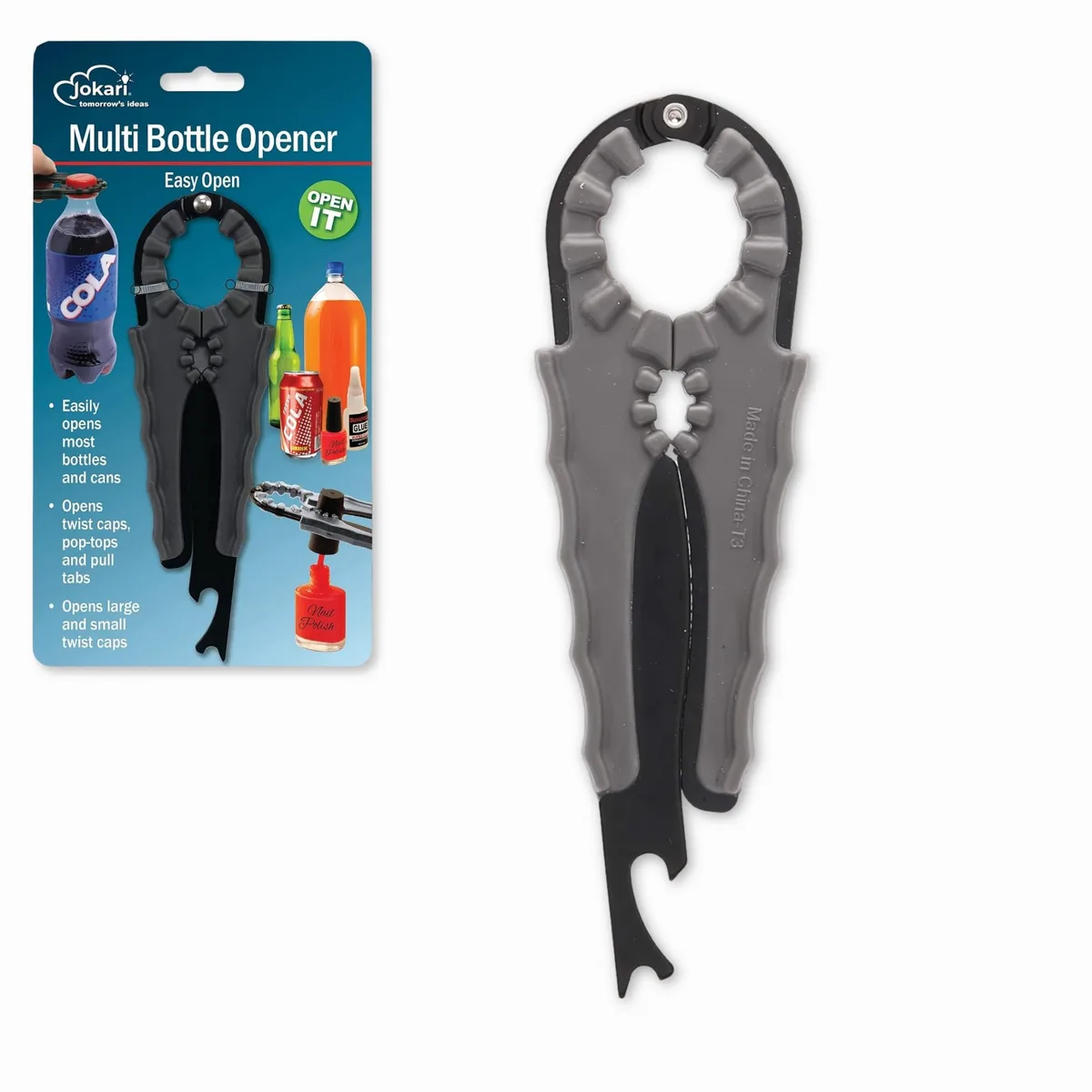 Black compact 3-in-1 opener with textured grip and multiple slots for jars bottles cans