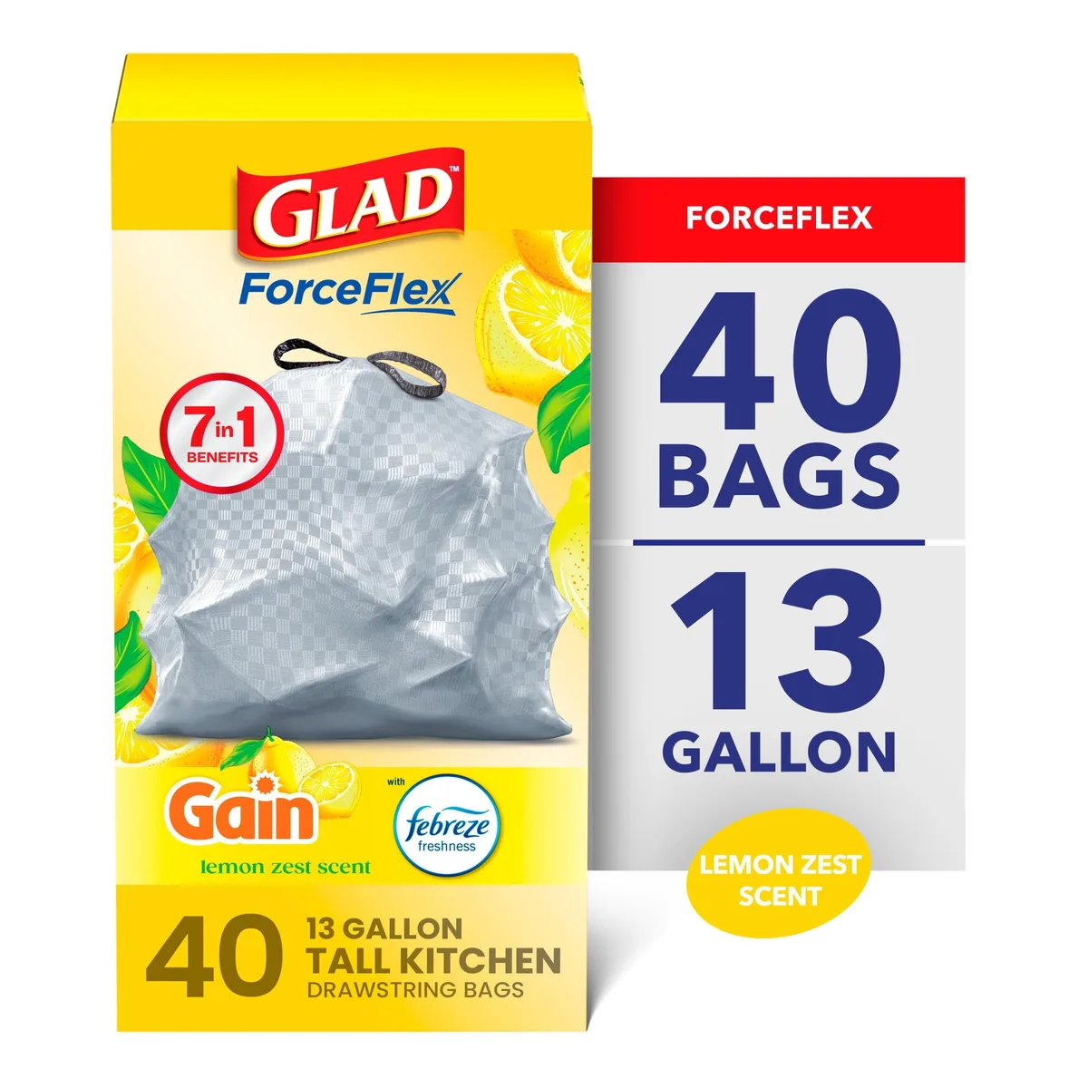 Glad Glad ForceFlex 13-Gallon Drawstring Trash Bags Gain Lemon Zest Scent 40 Count — product photo