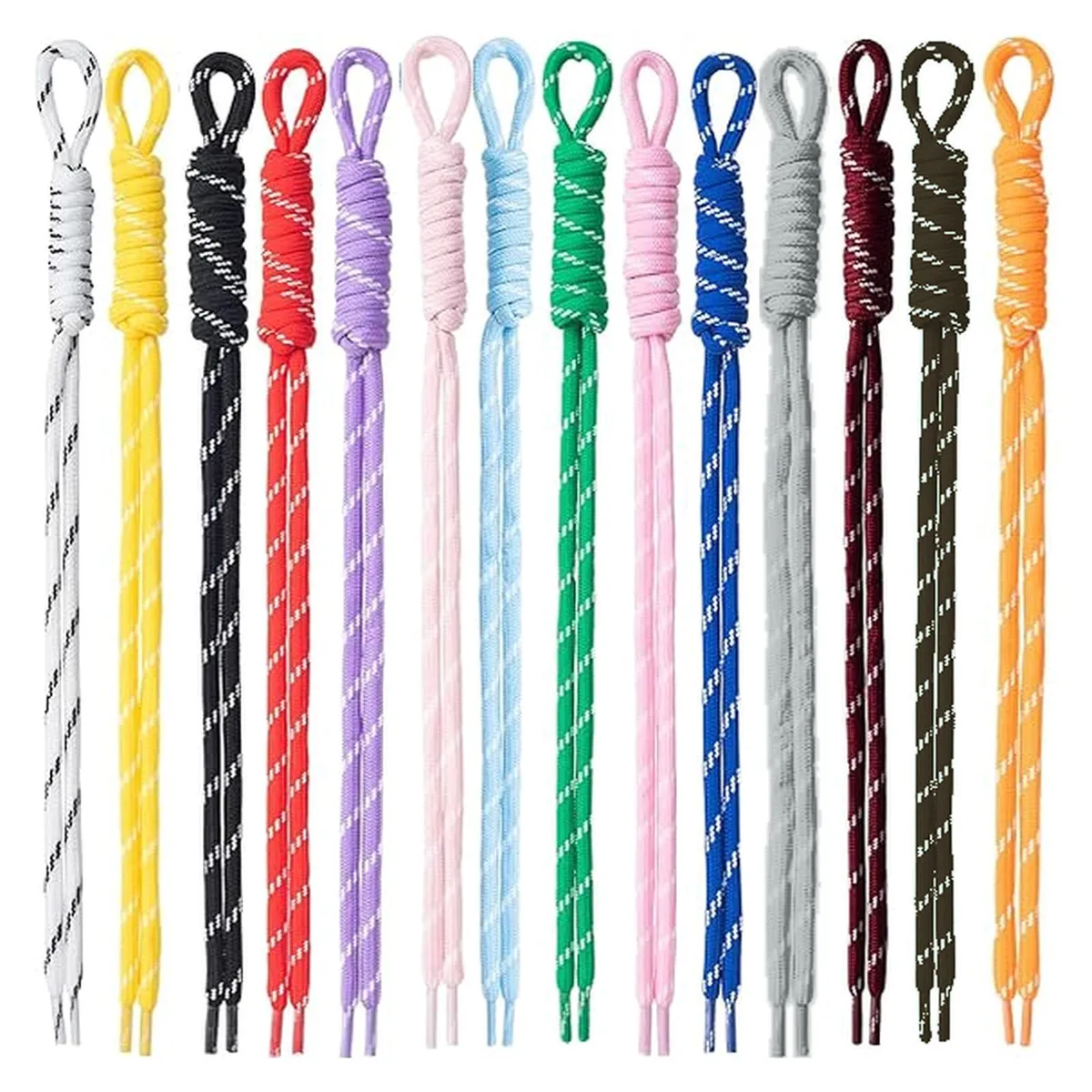 Fourteen braided nylon paracord keychains in assorted colours, each with a copper-finish metal loop
