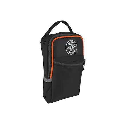 Black PVC-coated polyester tool case with orange piping, top handle, heavy-duty zipper, interior and exterior pockets