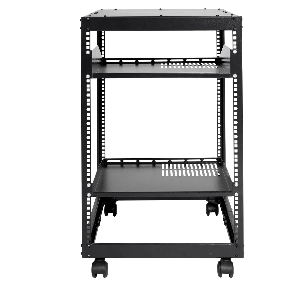 Black 15U open frame server rack with adjustable depth rails and four casters