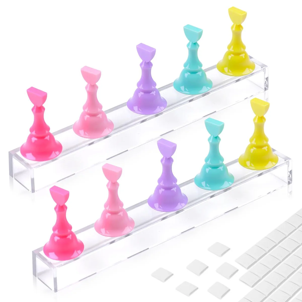 Two black acrylic nail display stands with magnetic bases and 30 pieces of reusable putty