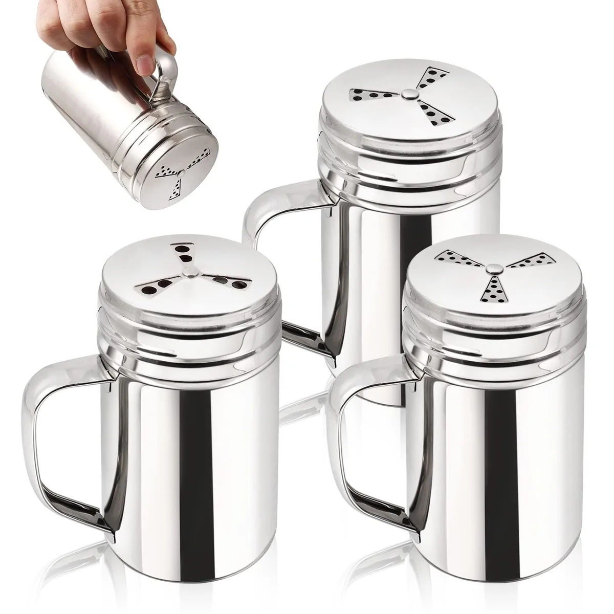 Three cylindrical stainless steel shakers with handles and rotating lids