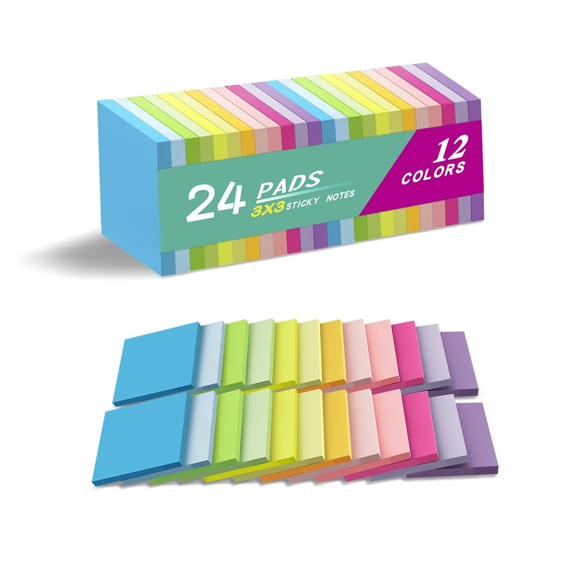 Twenty-four square sticky-note pads in twelve bright colours, each pad three by three inches
