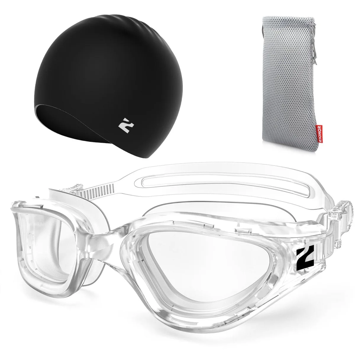 Black swim goggles with curved lenses and silicone cap