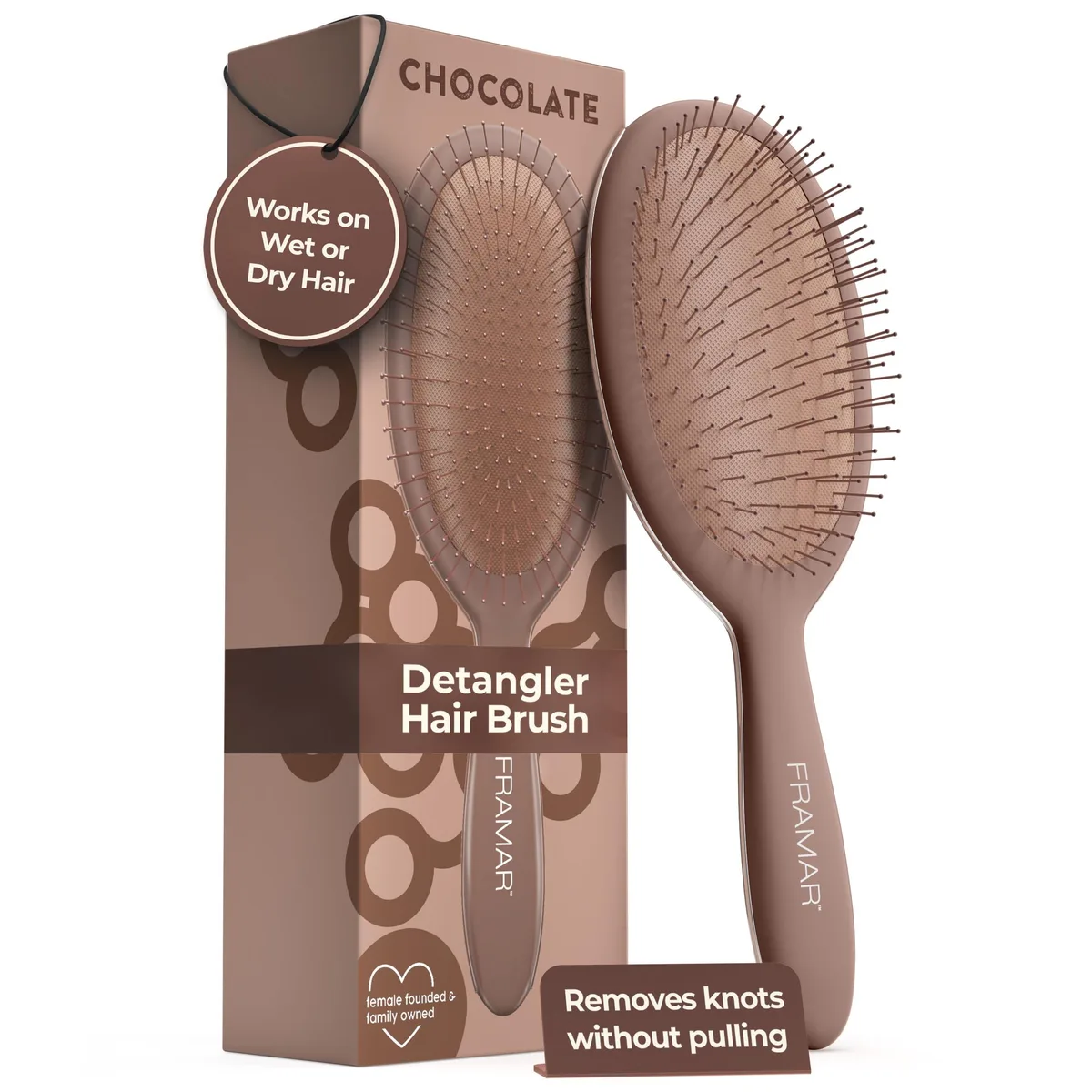 Chocolate brown detangle brush with flexible bristles and ergonomic handle
