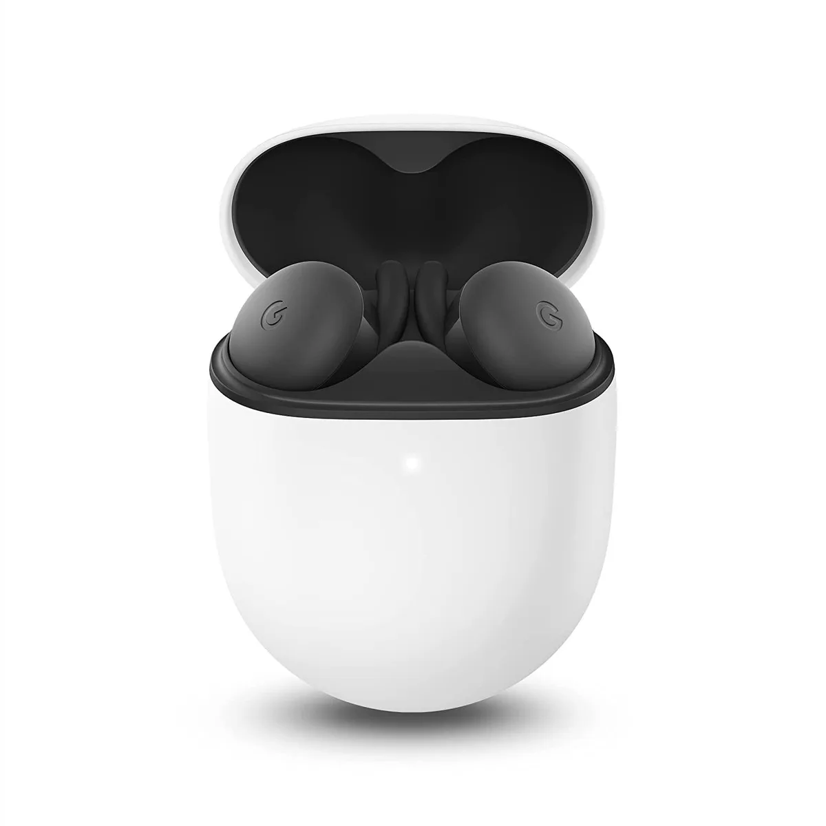 Charcoal wireless earbuds with flush-to-ear design and charging case