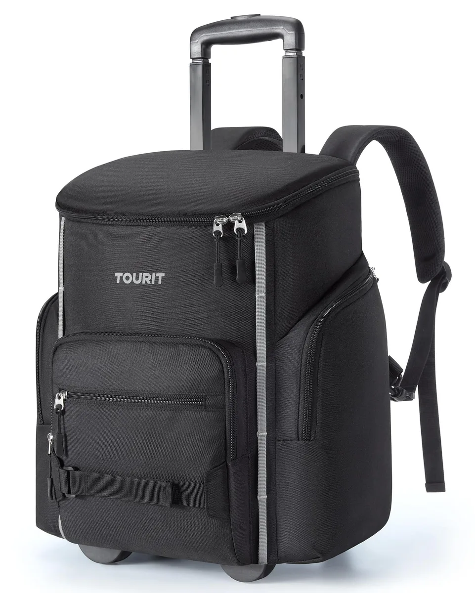 Black nylon rolling cooler backpack with telescopic handle and wheels