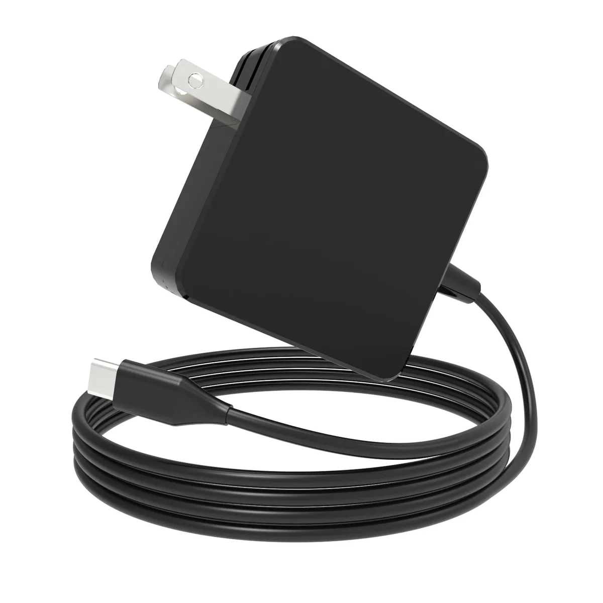 Compact black USB-C wall charger with a long white power cord attached