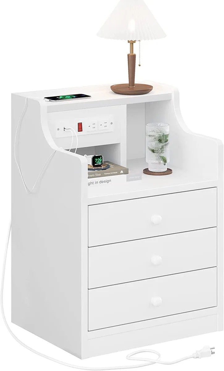 White rectangular nightstand with two drawers, an open upper shelf and a built-in charging strip on the side