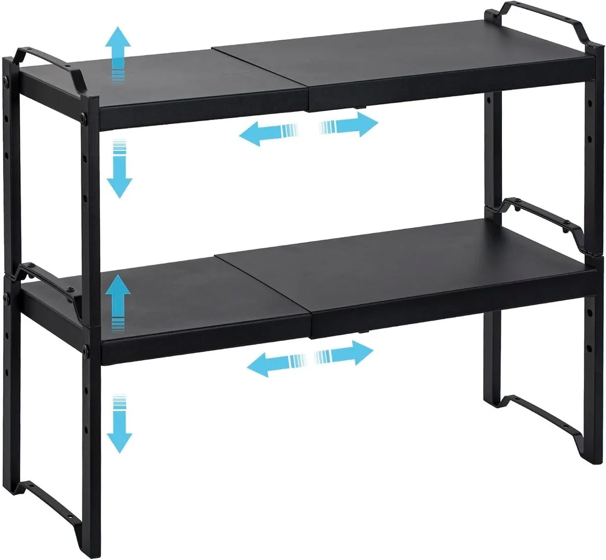 Two red plastic expandable cabinet shelves, 12.6 to 20.5 inches long, two-tier stackable design