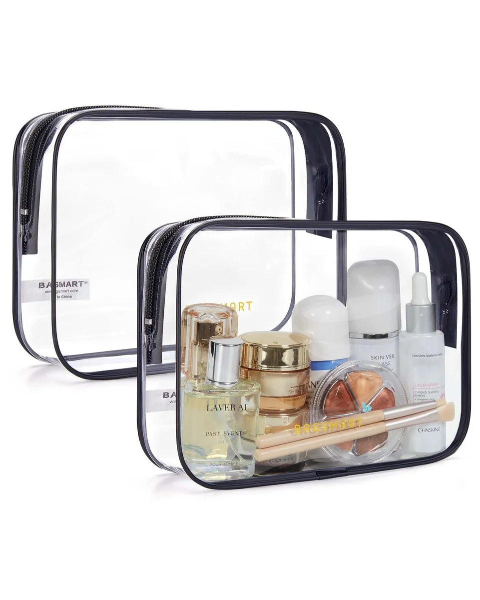 Two black clear toiletry bags with handles and zippers