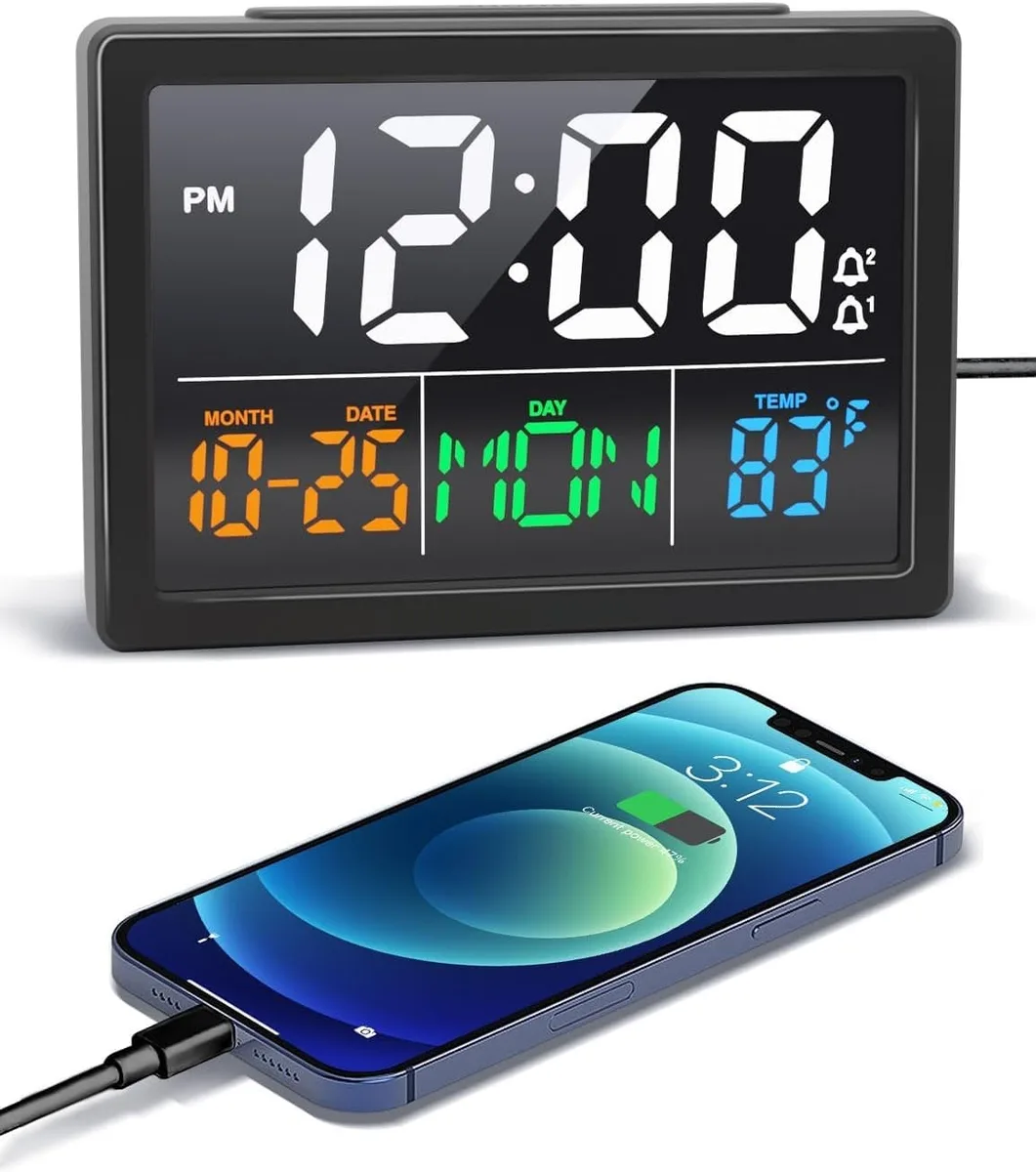 Black rectangular digital alarm clock with a 5.5 inch LED display showing time and temperature