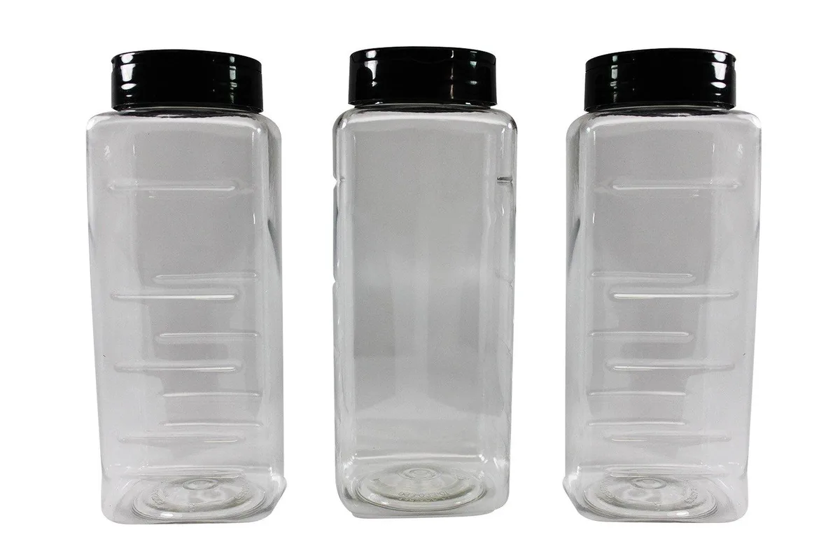 Three clear square red-capped jars shrink-wrapped together