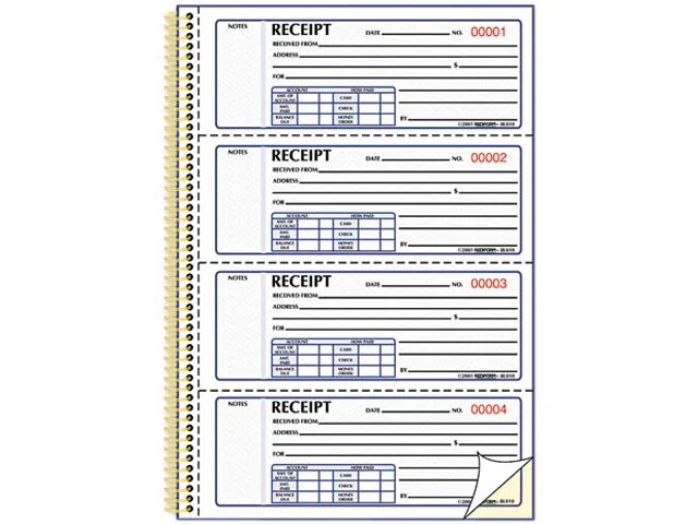 Purple carbonless receipt book with twin-wire binding