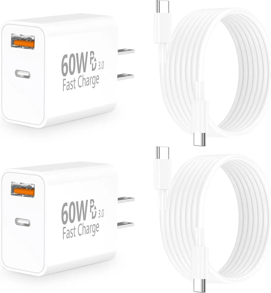 Elestur Elestur 4Pack 60W USB-C Charger Dual Port PD QC 3.0 + 6FT Cable for iPhone 15 16 17 — product photo