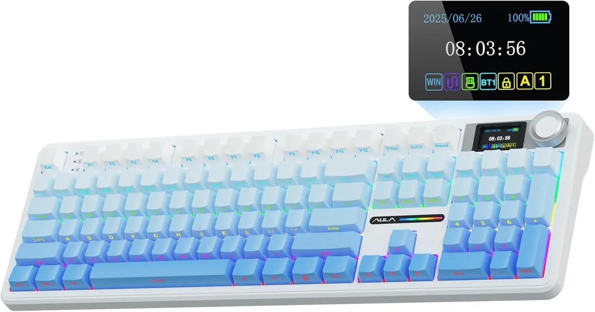 usbroway usbroway F108 PRO gaming keyboard full-size 104 keys TFT screen knob tri-mode 2.4 5.0 1000Hz 8000mAh — product photo