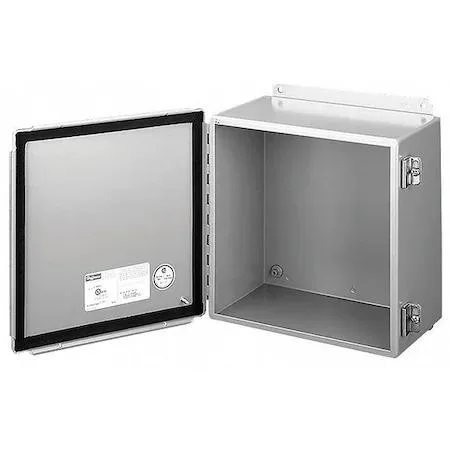 Gray powder-coated carbon steel electrical enclosure 12 in high 8 in deep with hinged solid cover and screw-down clamps