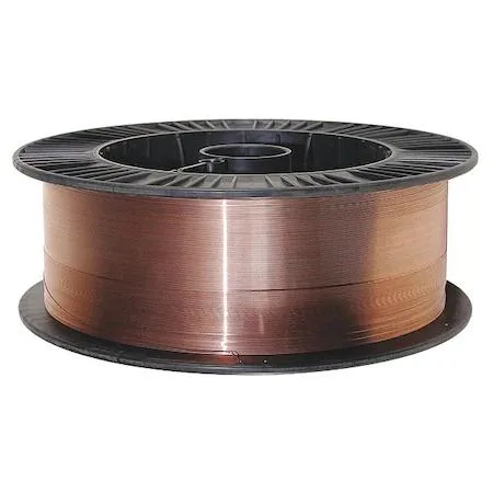 Blue plastic spool holding 44 lb of .045 in copper-coated welding wire