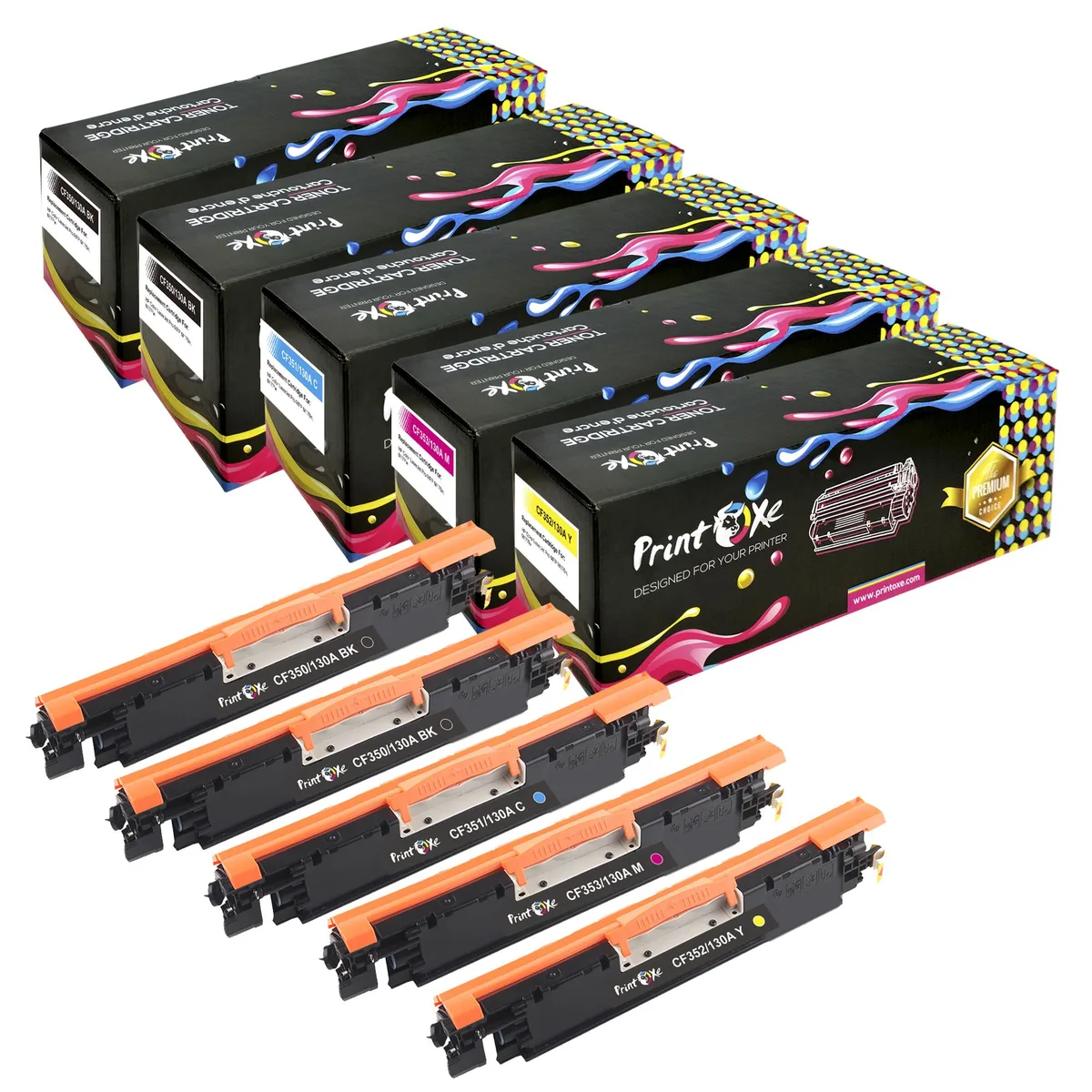 PrintOxe PrintOxe 130A 5-Pack Toner Cartridge Set (2× Black CF350A, Cyan CF351A, Yellow CF352A, Magenta CF353A) — product photo