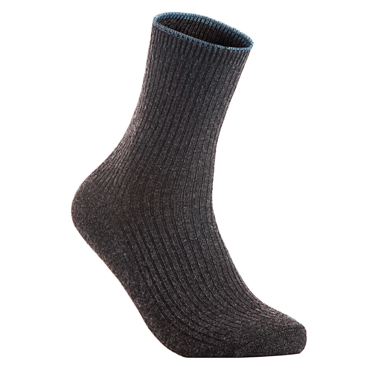 Four pairs of dark gray crew socks, folded flat, showing ribbed cuffs and wool-blend texture