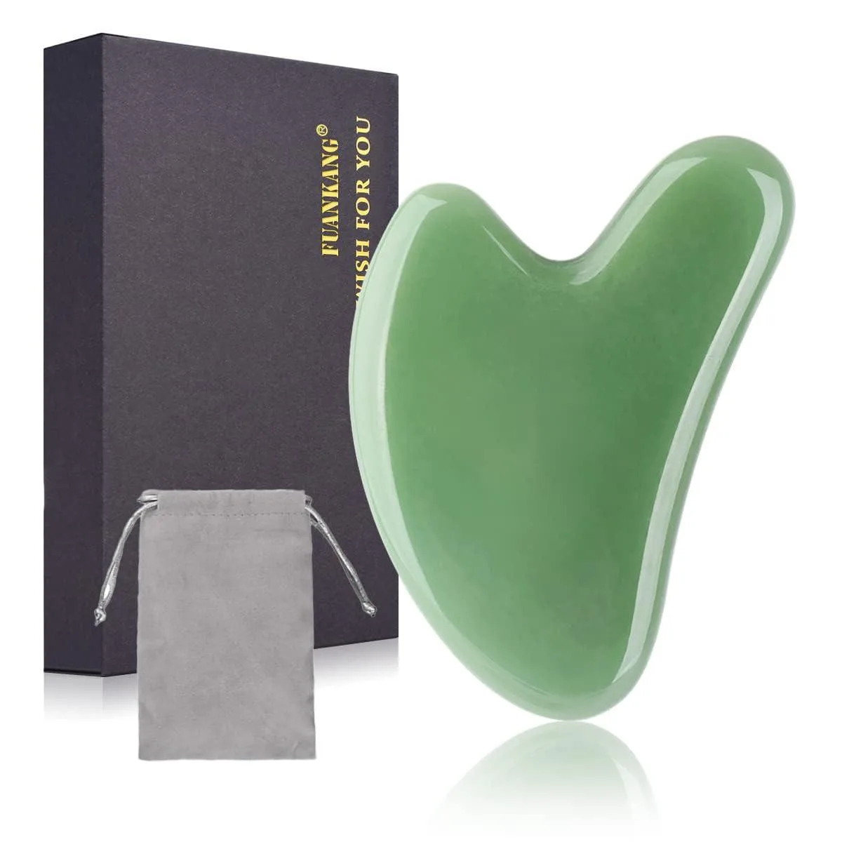 Small green stone Gua Sha tool, smooth curved shape, fits in the hand