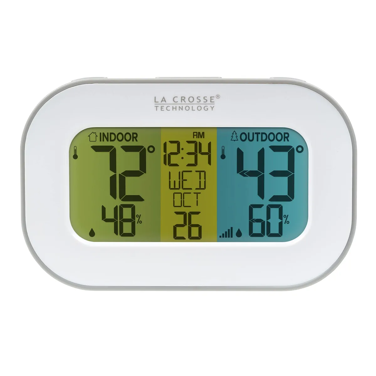 White compact wireless temperature station with tri-color LCD display and external sensor