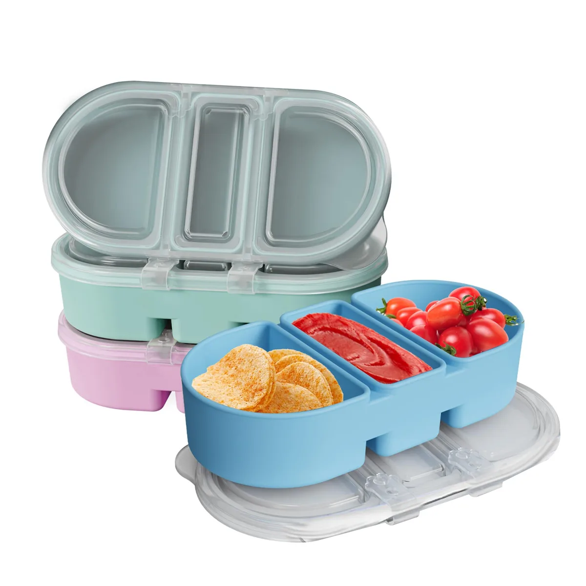 Red silicone food storage set with three lidded compartments