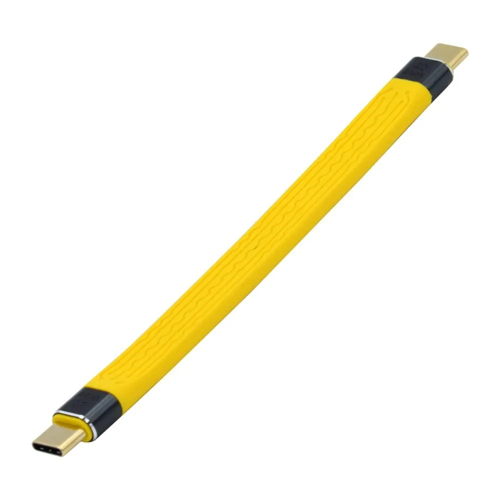 Short yellow USB-C to USB-C flat cable with alloy-shell connectors, 13cm long