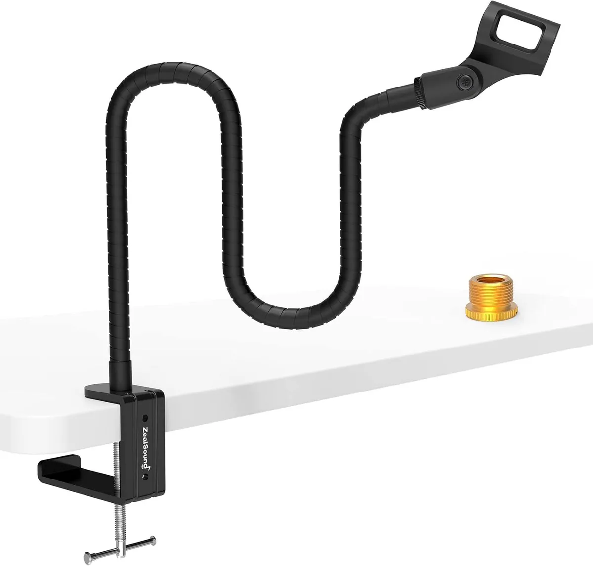 Black 19-inch gooseneck microphone stand with desk clamp, adapter and clip holder