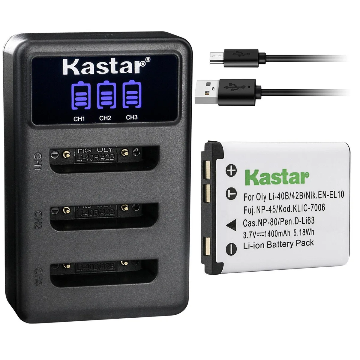 Kastar Kastar LED3 1400mAh Li-Ion battery &amp; LCD triple USB charger — product photo