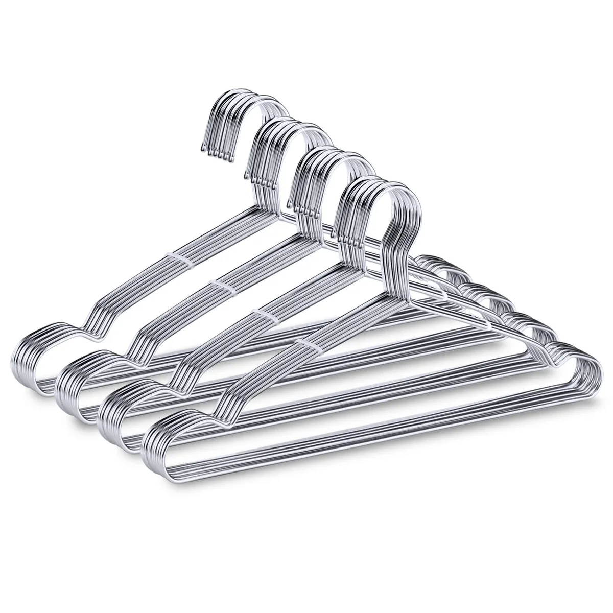 Forty silver stainless steel hangers with notched shoulders, slim profile, shiny finish