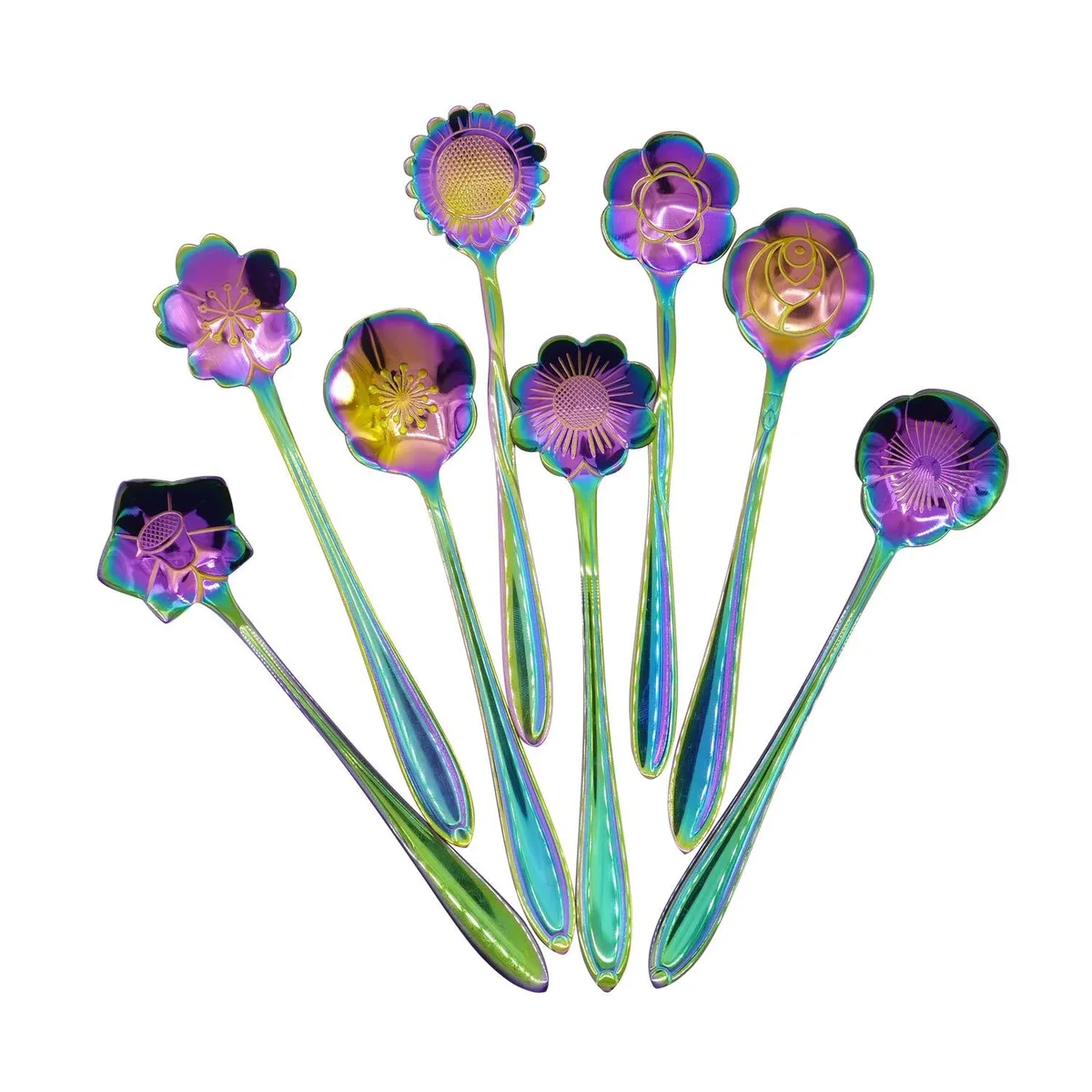 Eight stainless steel teaspoons with different flower-shaped bowls in rainbow colours