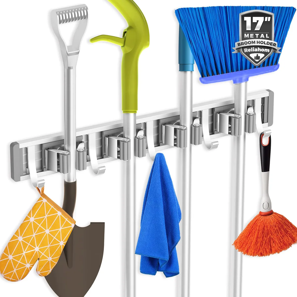 Silver metal wall-mounted broom holder with four racks and five hooks, 17 inches wide