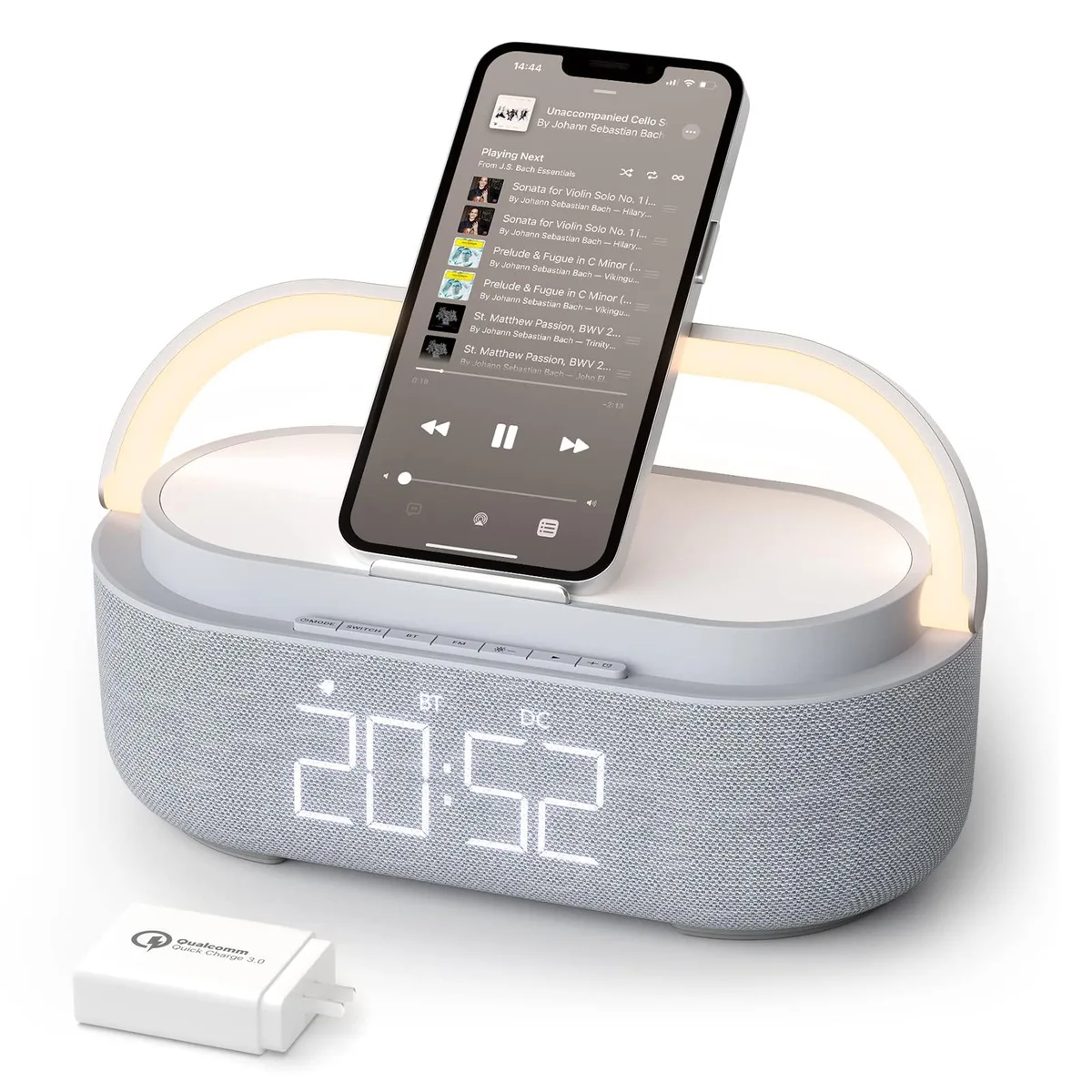Gray fabric-wrapped digital clock with touch top and phone stand
