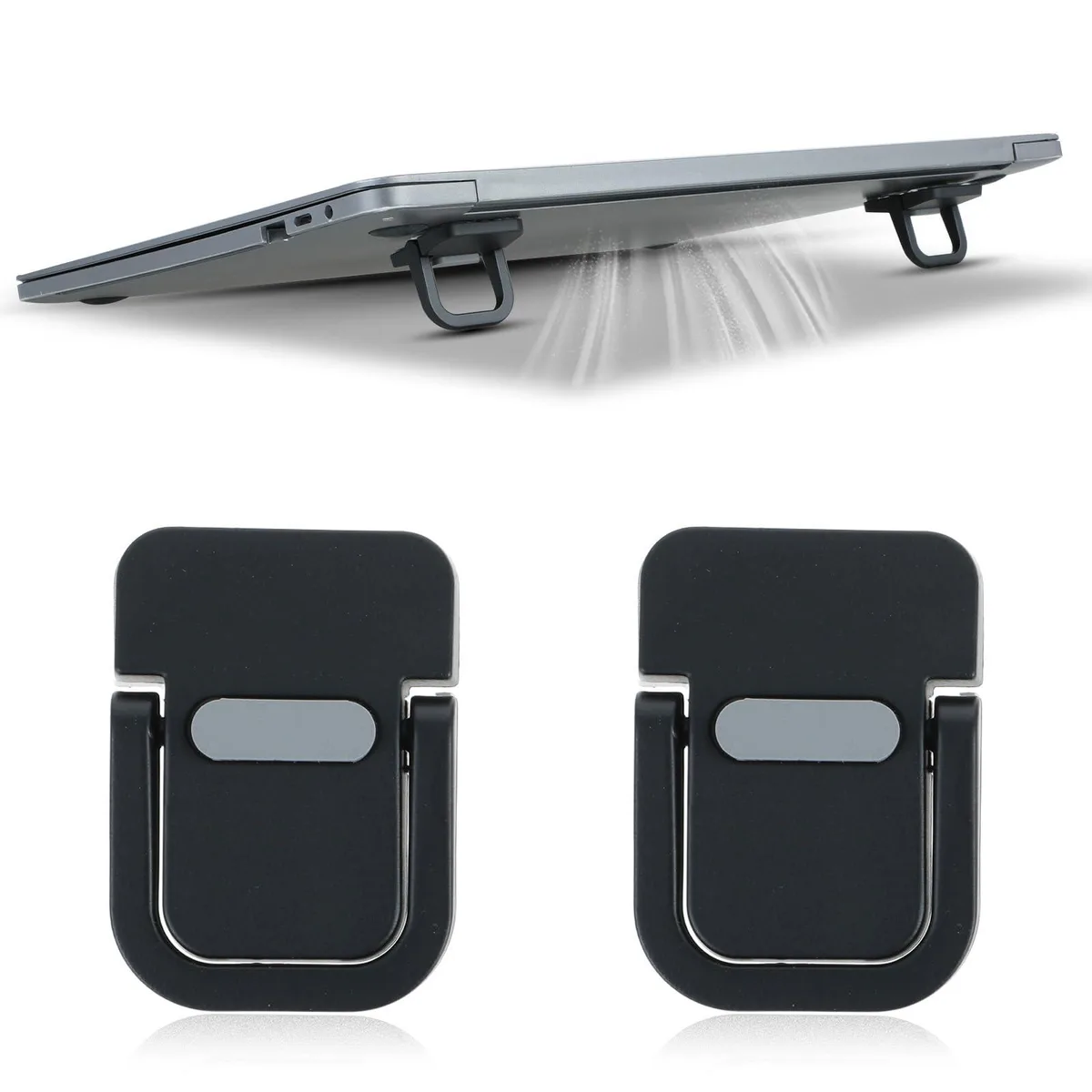 Two small black zinc-alloy risers with adhesive backing and silicone pads
