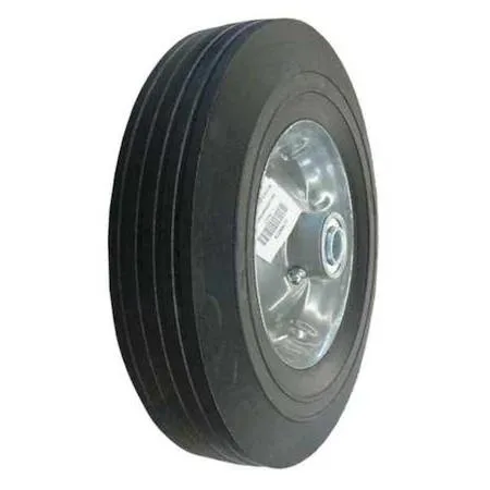 Black solid rubber wheel ten inches wide with ribbed tread and steel hub