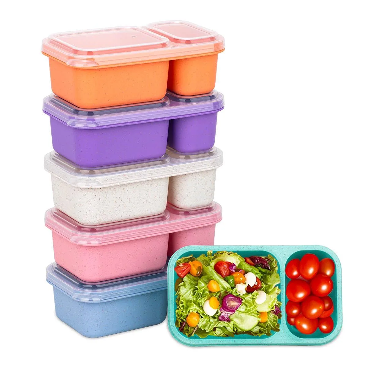 Six wheat straw snack containers with two compartments and matching lids