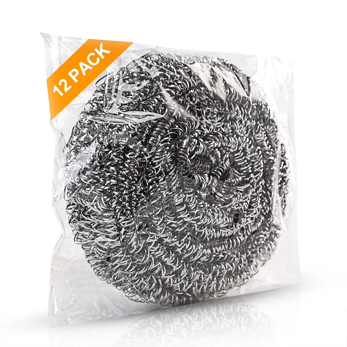 Twelve silver stainless steel scrubbers, individually wrapped, spiral-wound form, 2.76 inch diameter each