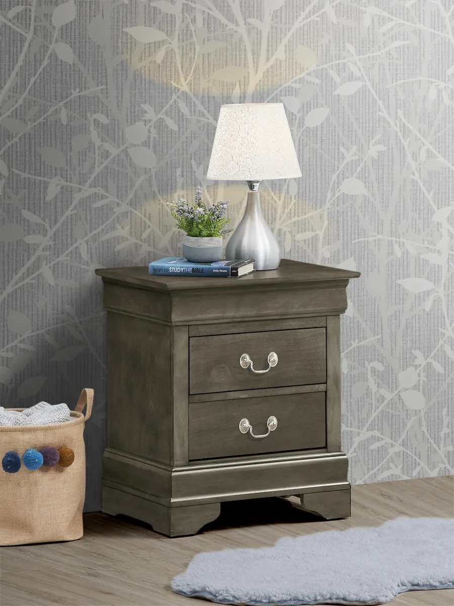 Gray rectangular nightstand, 24 by 22 by 16 inches, particle board, smooth matte finish