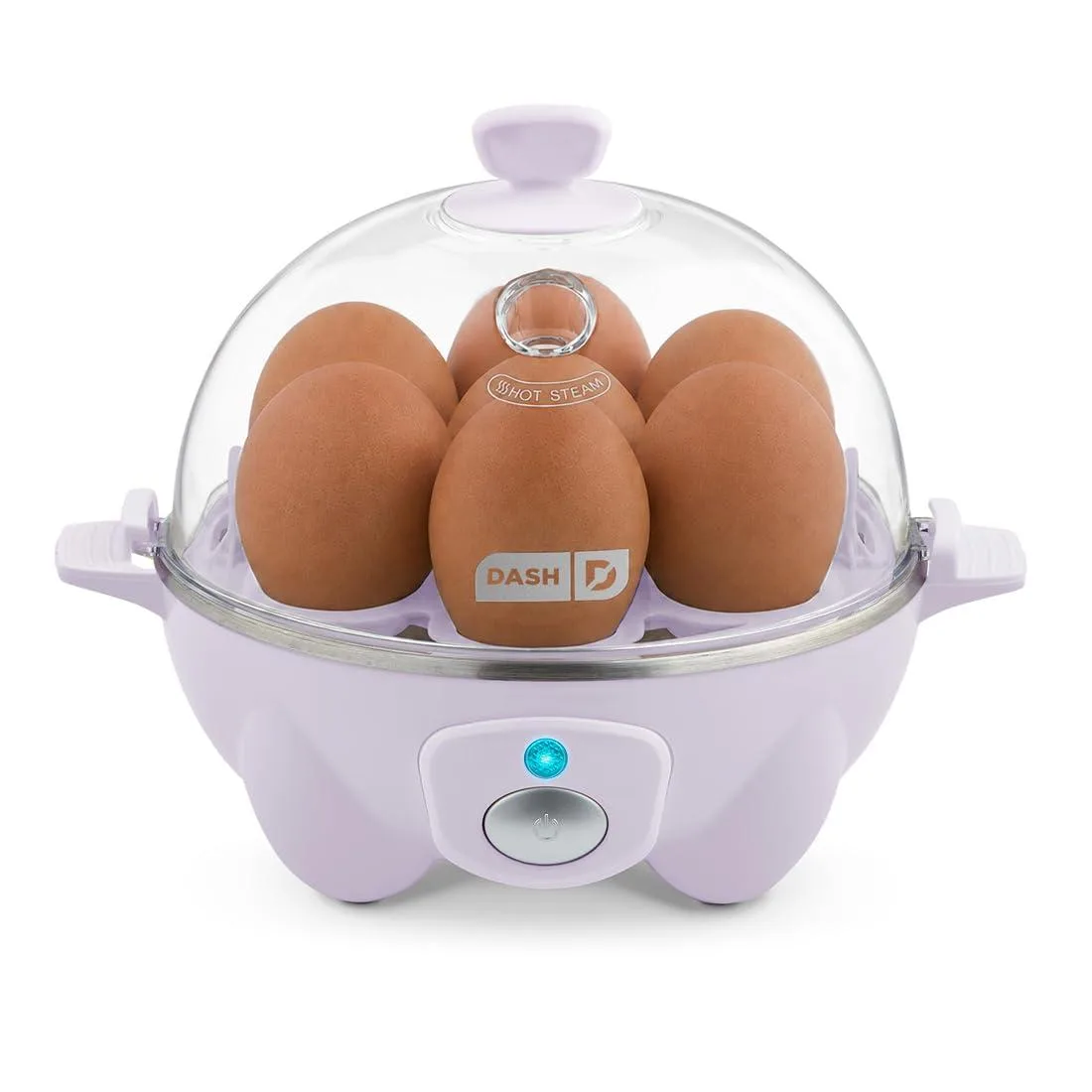 Lavender countertop egg cooker with clear lid and plastic base