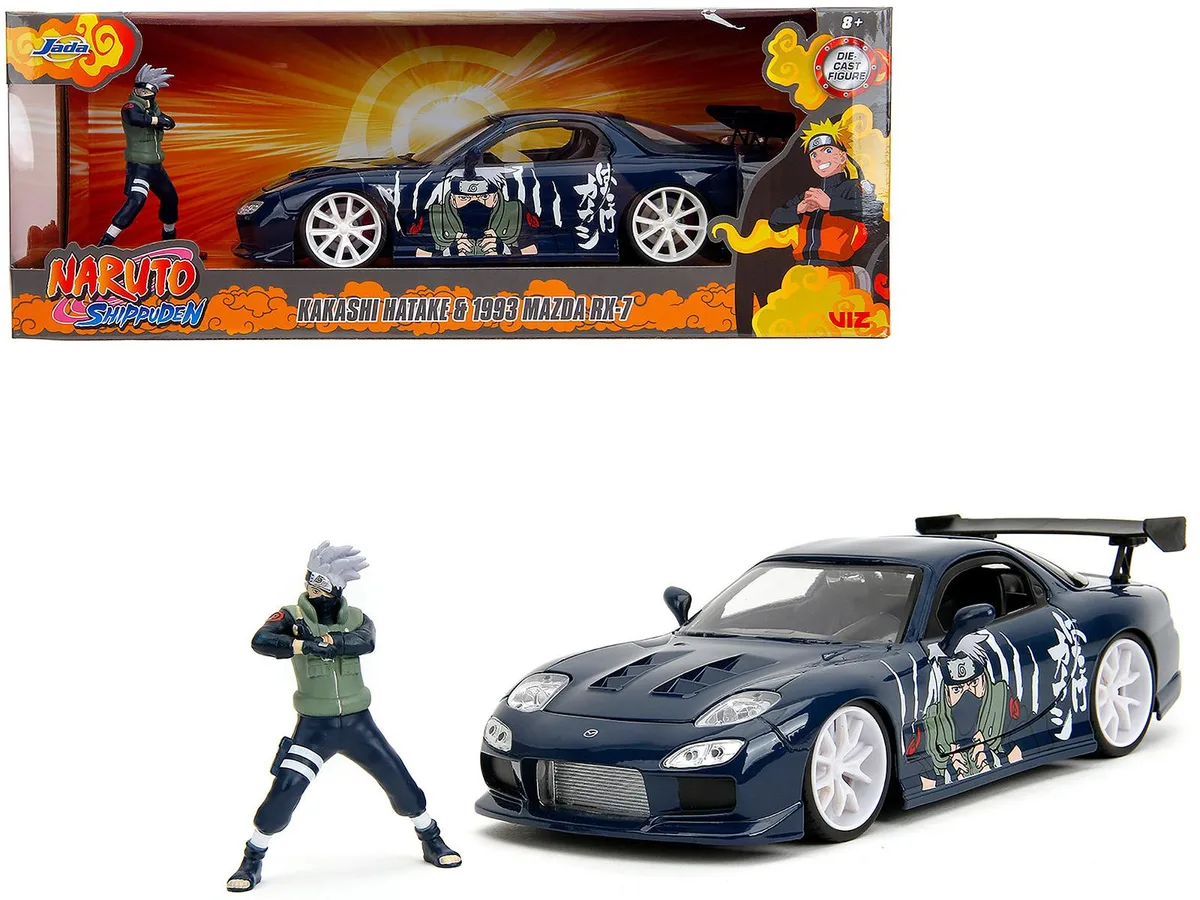 Jada Jada 1993 Mazda RX-7 Dark Blue Naruto Shippuden 1/24 Diecast with Kakashi Figure — product photo