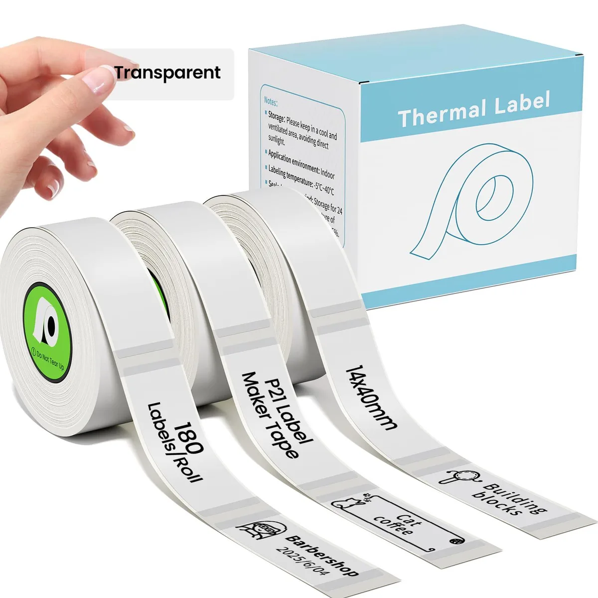 Three rolls of transparent label tape in white cartridges