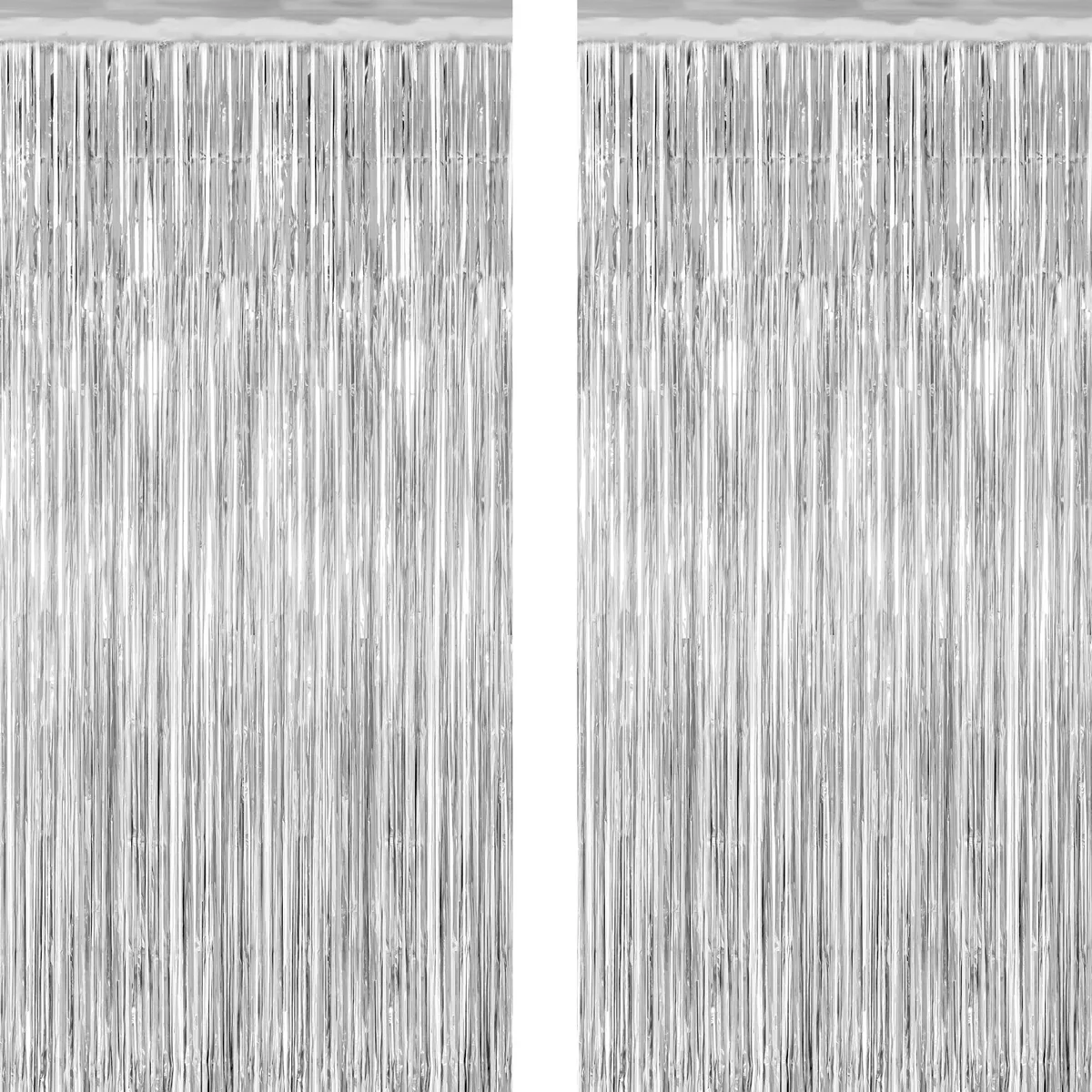 Two silver metallic fringe curtains with adhesive strips, each 3.28 by 7.05 feet