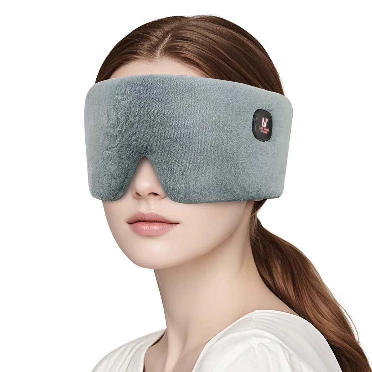 Blue cordless heated eye mask with adjustable strap and removable heating pad