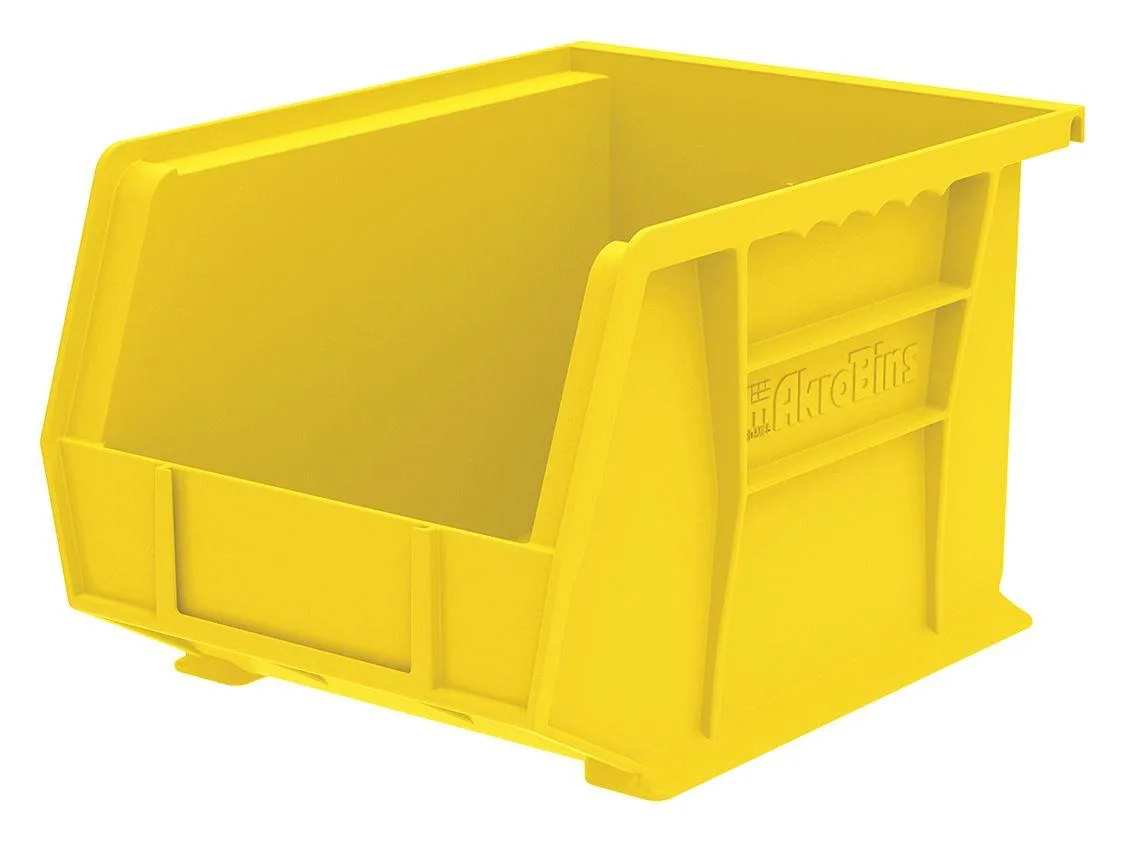 Yellow plastic storage bin with hang-and-stack design and label slots