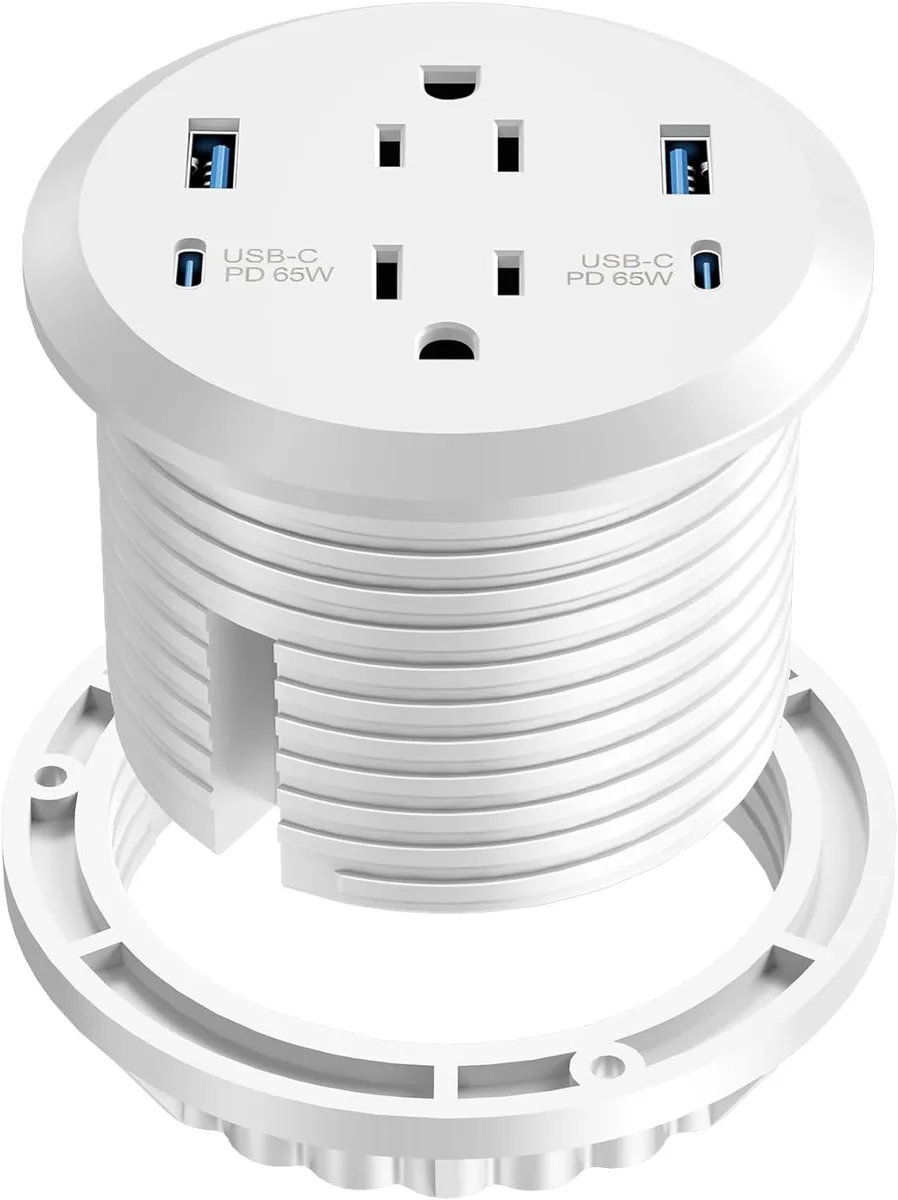 White flush-mount desk grommet with two AC outlets and four USB ports